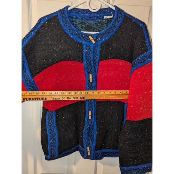 Vintage Cardigan Sweater Size Medium by JJ Browne Reversible Striped Red 80's - Picture 3 of 8